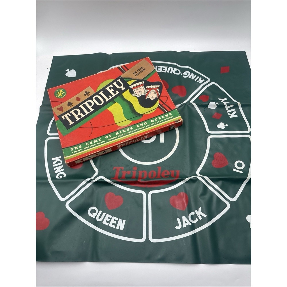 Vtg 1957 Tripoley Deluxe Edition Box & Mat Card Game Kings Queens Rummy Kitty